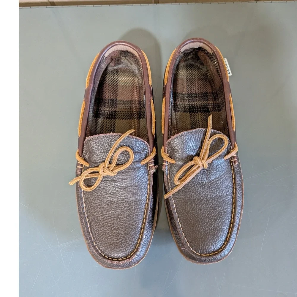 L. L Bean Men's Handsewn Slippers  Flannel-Lined Brown Leather Size 10